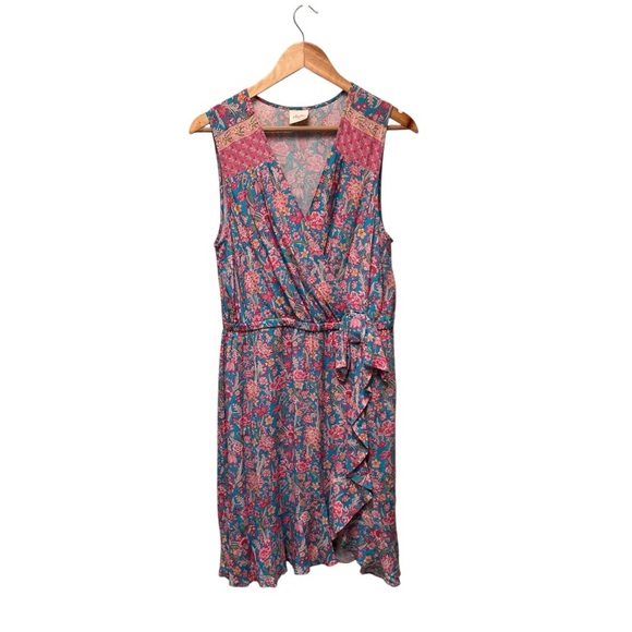 Anthropologie Floral Print Sleeveless Mini Dress Ruffle Trim V Neck Casual SZ M - Picture 2 of 9